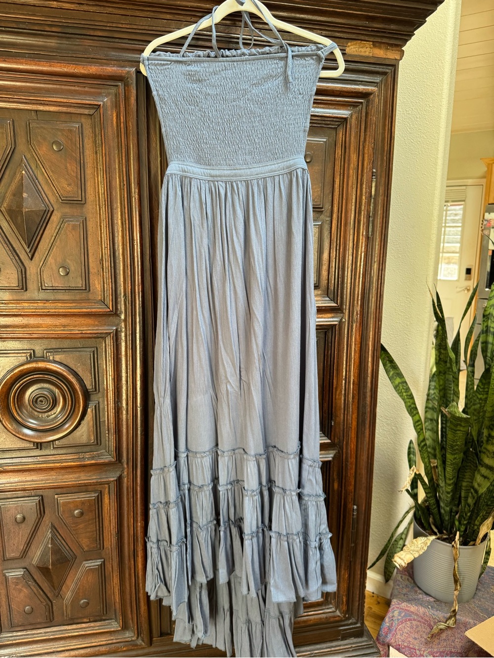 Smocked Bodice Teal Maxi Dress with Side Cutouts - Picture 2 of 6